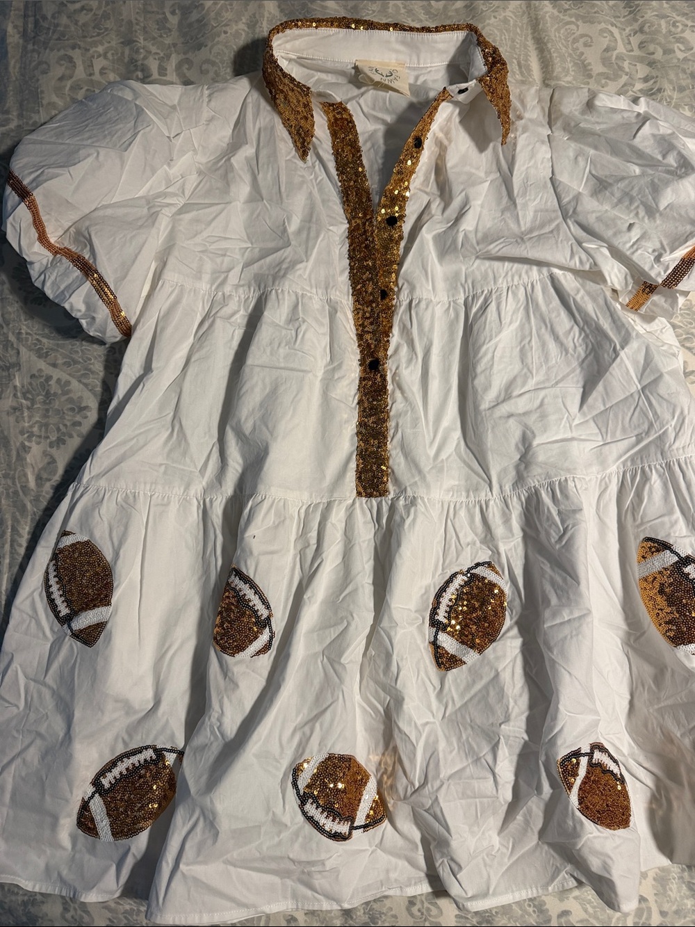 Fantastic Fawn White Tiered Mini Dress with Gold Sequin Accents